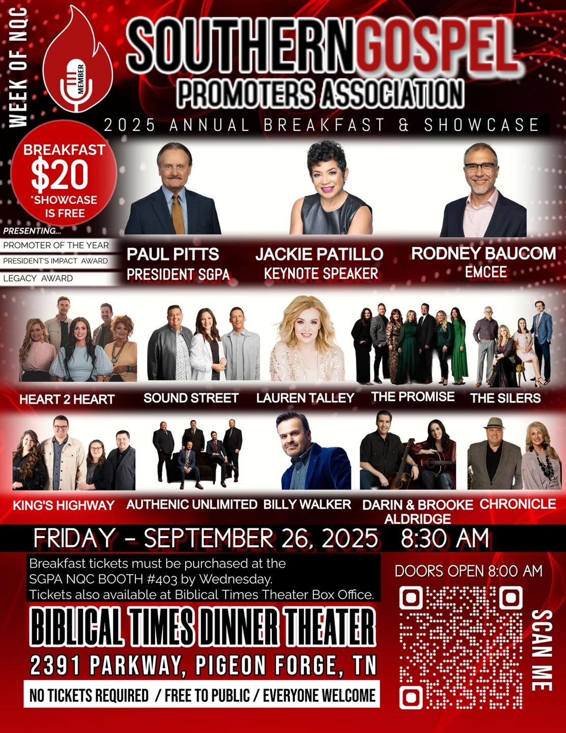 Announcing the 2025 Southern Gospel Promoters Association’s Annual breakfast and showcase at the Biblical Times Theater on September 26th. SGPA President Paul Pitts stated